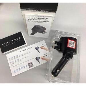 Limitless 4-n-1 adjustable car charger with retractable cables black new in box